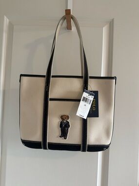 POLO Ralph Lauren Small Polo Bear Canvas Tote Bag Cotton ECRU BLACK NWT